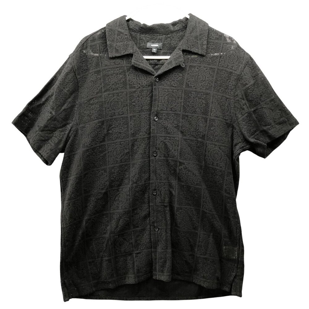 Express Mesh Shirt Mens M‎ Black Short Sleeve Button Up Floral Resort Shirt
